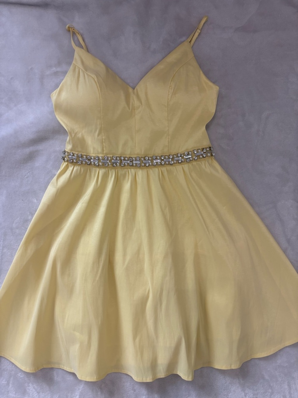 Yellow Jeweled Waist Spaghetti-Strap 
Short formal  Dress - Picture 2 of 5